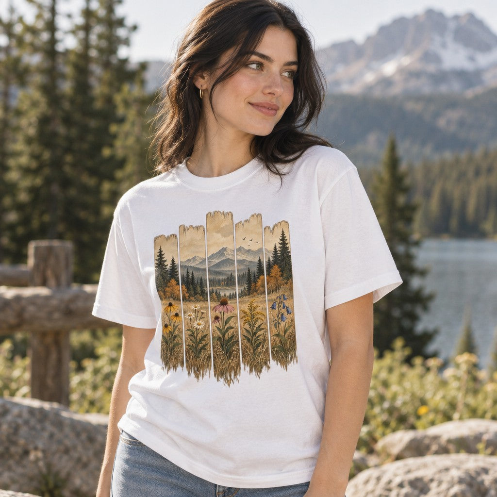 Woman in a white Comfort Colors® 1717 t-shirt featuring a vintage folk-art landscape design with wildflowers, mountains, lake, and autumn forest painted across wood plank panels in warm watercolor-gouache tones, outdoors in a mountain setting, ideal for female gardeners and nature lovers, by Crossroads Dandelion