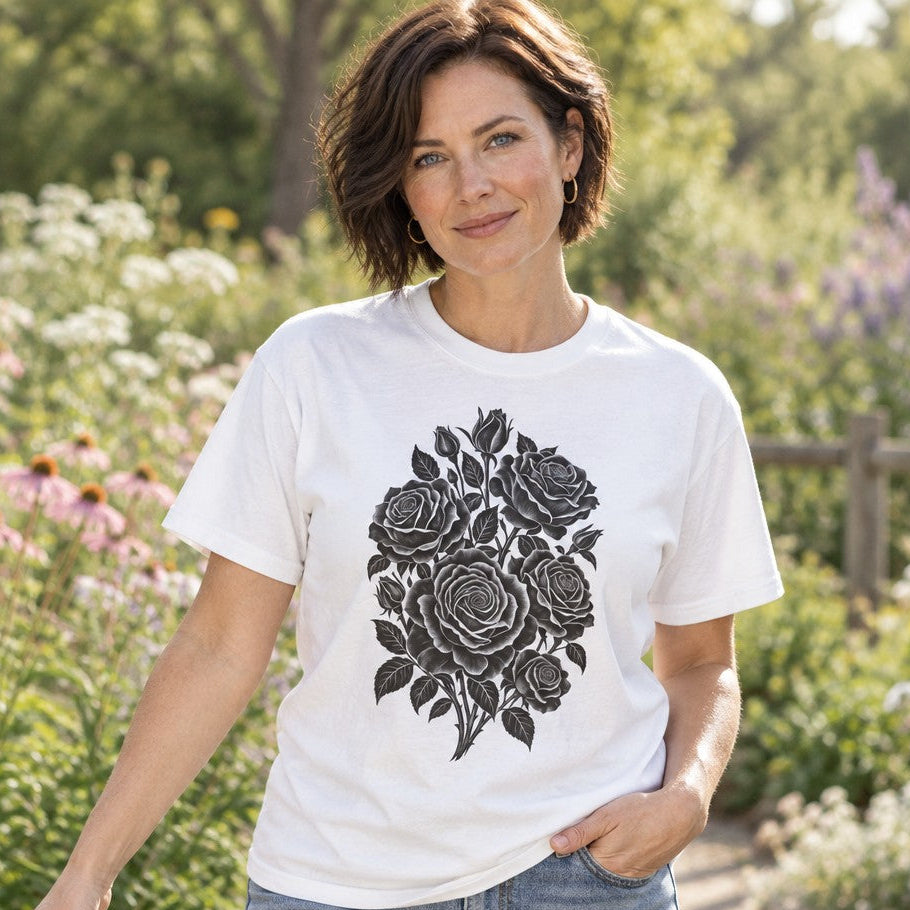 Woman wearing a white Comfort Colors® 1717 t-shirt featuring a bold black papercut stencil rose bouquet design, minimalist floral botanical art, outdoor garden scene, perfect for gardeners, flower lovers, and women seeking timeless style, by Crossroads Dandelion