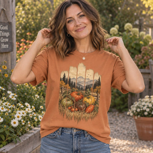 Woman wearing a yam orange Comfort Colors® 1717 t-shirt with a vintage folk art harvest scene featuring heirloom tomatoes, squashes, golden wheat, rustic fence, evergreen and orange trees, and blue-gray mountains, perfect for autumn gardeners and rustic country lovers, by Crossroads Dandelion
