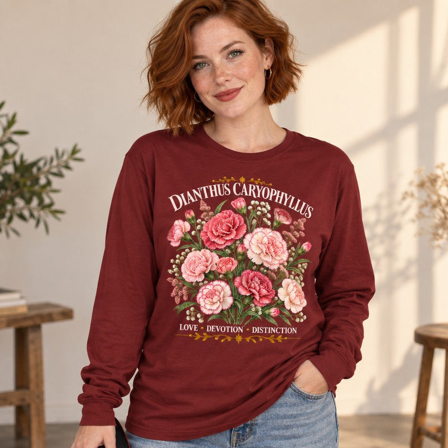 Woman in cardinal red Bella Canvas 3501 long sleeve shirt featuring a vintage watercolor design of pink and blush carnations with elegant botanical illustration and white serif text, styled for garden and cottagecore enthusiasts, photographed in a sunlit studio setting, by Crossroads Dandelion