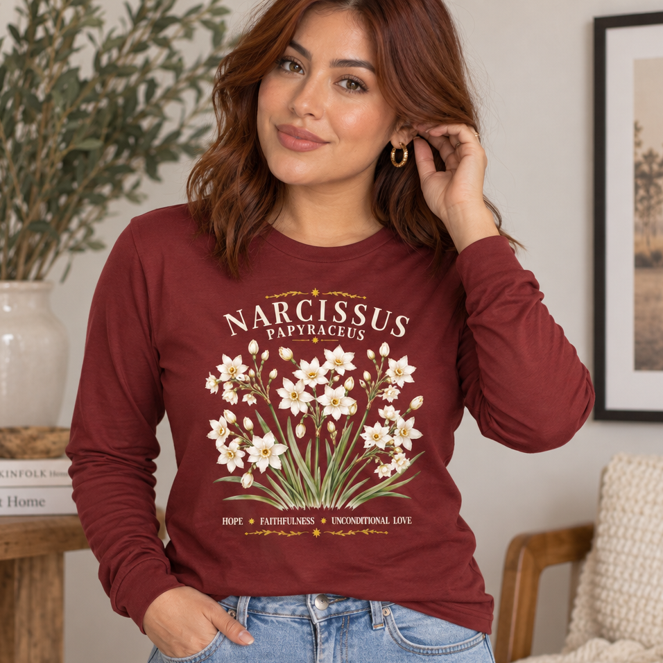Vintage Narcissus Long Sleeve Shirt | December Birthday Gift