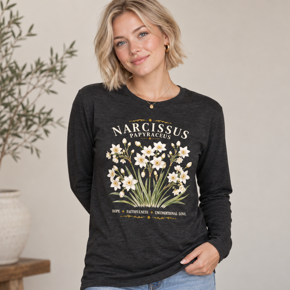 Vintage Narcissus Long Sleeve Shirt | December Birthday Gift