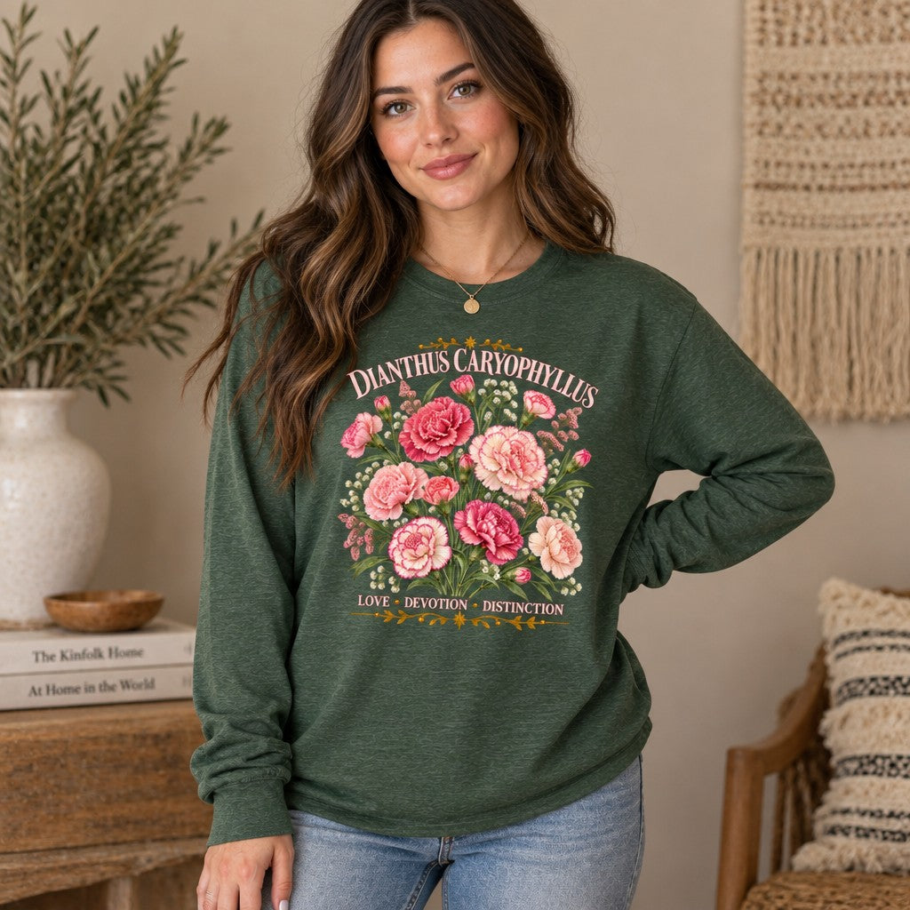 Woman wearing a heather forest Bella Canvas 3501 long sleeve shirt featuring a vintage-style watercolor carnation floral botanical illustration with white serif text reading 'DIANTHUS CARYOPHYLLUS' and 'LOVE · DEVOTION · DISTINCTION', cottagecore fashion for garden lovers, indoors, by Crossroads Dandelion
