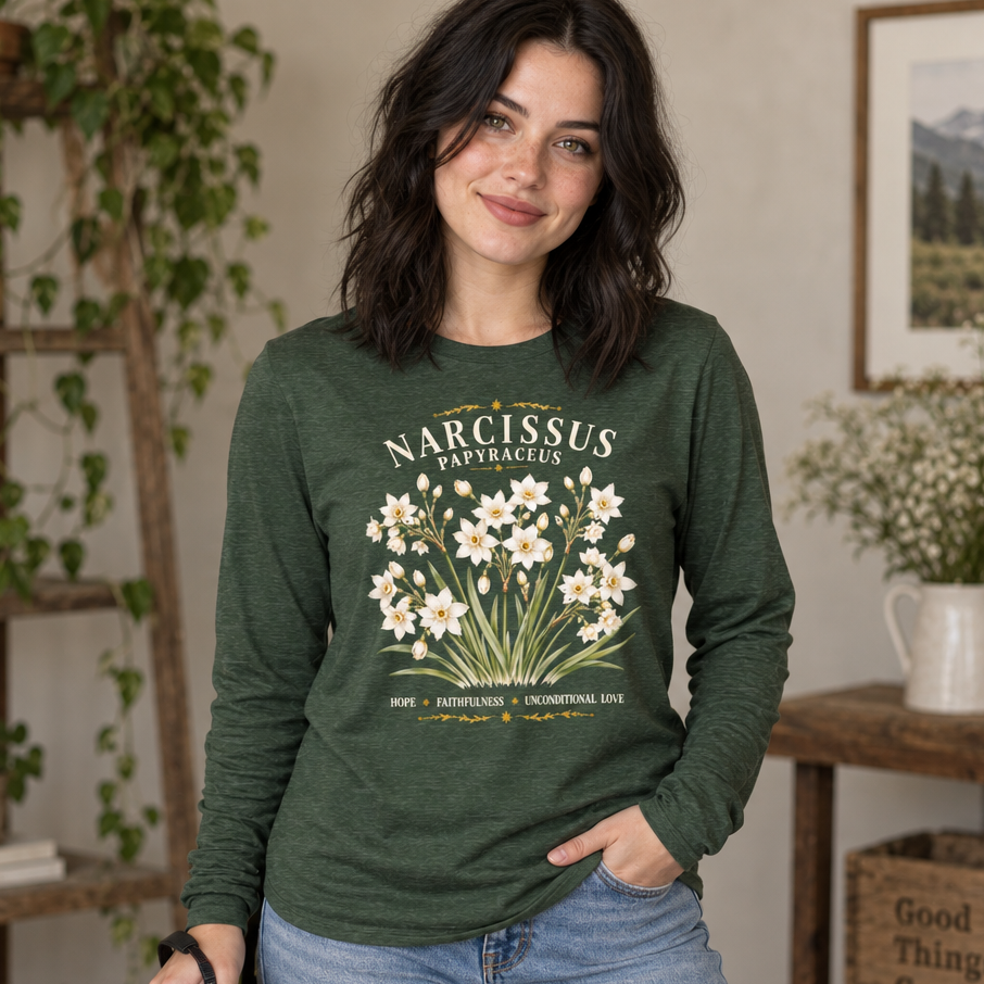 Vintage Narcissus Long Sleeve Shirt | December Birthday Gift