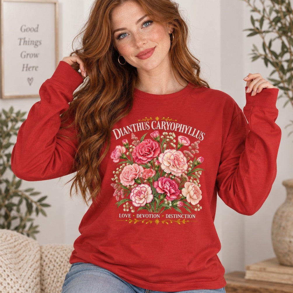 Woman in red Bella Canvas 3501 long sleeve shirt featuring a vintage cottagecore watercolor illustration of pink and blush carnations with greenery and dainty filler blooms, botanical plate style text, garden lovers, by Crossroads Dandelion
