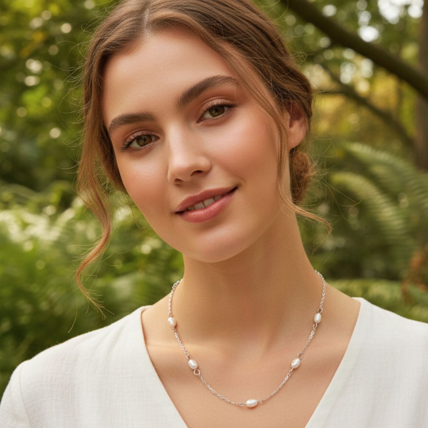Woman wearing a pearl station necklace with a green nature background