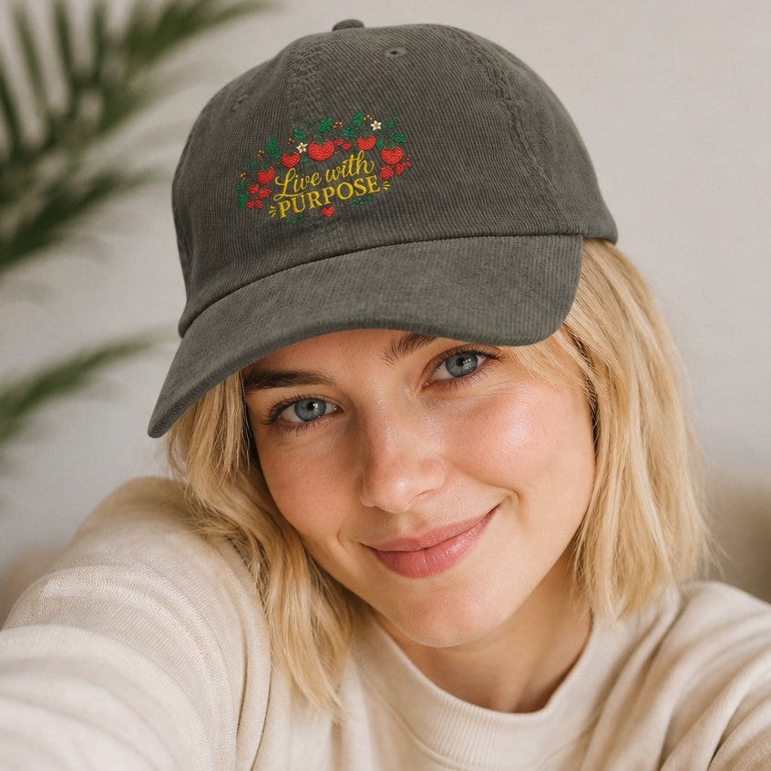 Woman wearing an olive green baseball cap with cottagecore embroidered floral and 'Live with Purpose' text design, cozy home setting, for mindful women and floral lovers, by Crossroads Dandelion