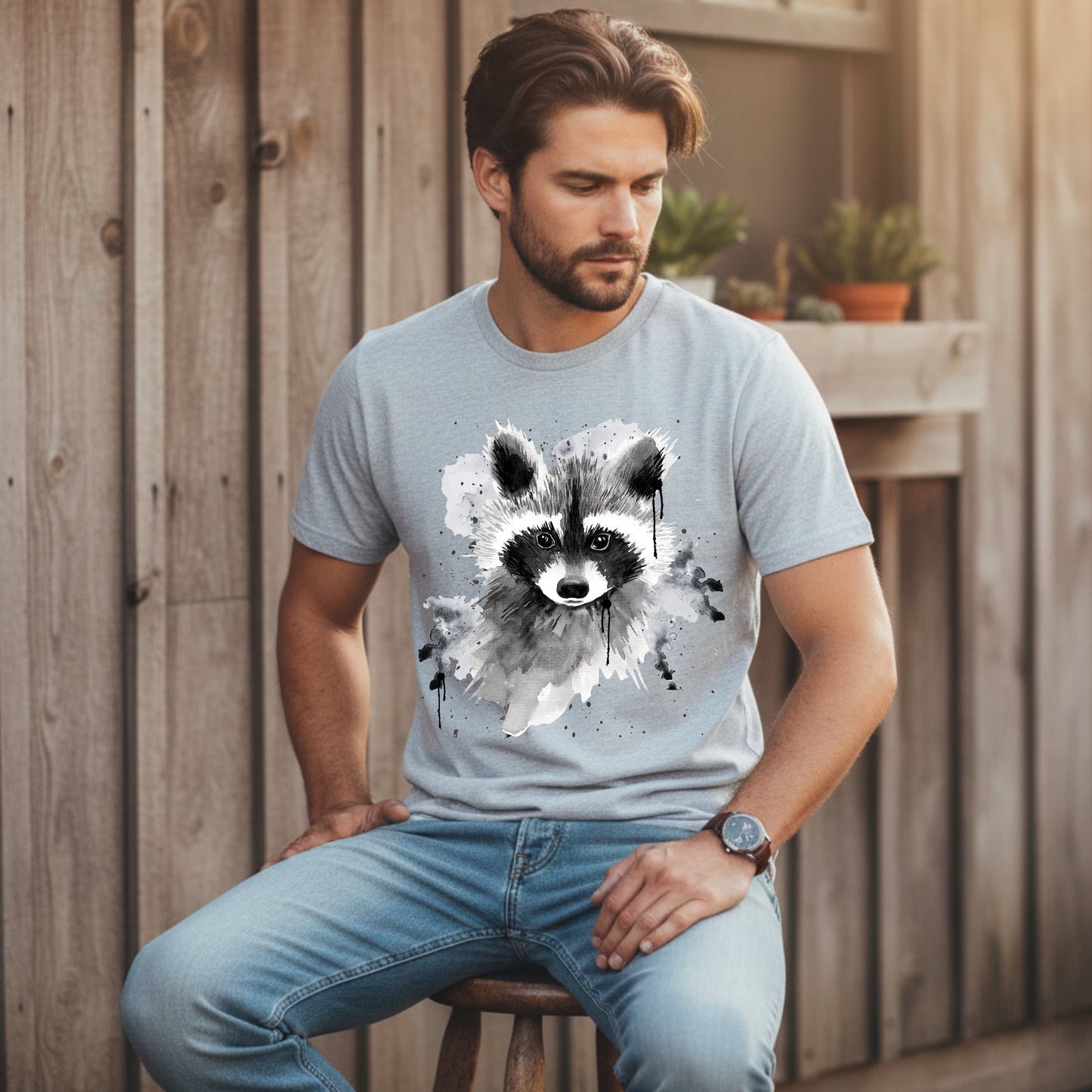 Raccoon lover gift watercolor wildlife tee in athletic heather - unisex animal shirt