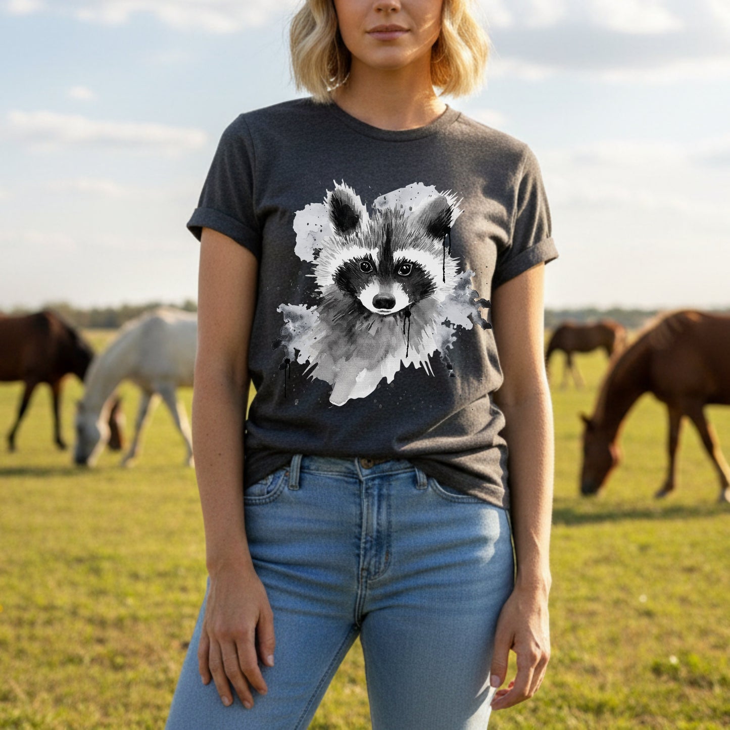 Dark grey heather watercolor raccoon shirt - cute wildlife tee for nature lovers