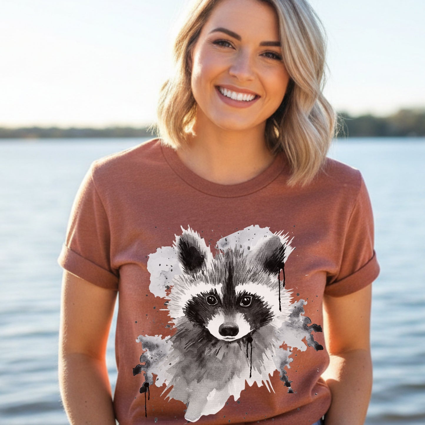 Heather clay raccoon lover gift tee - soft watercolor wildlife art shirt