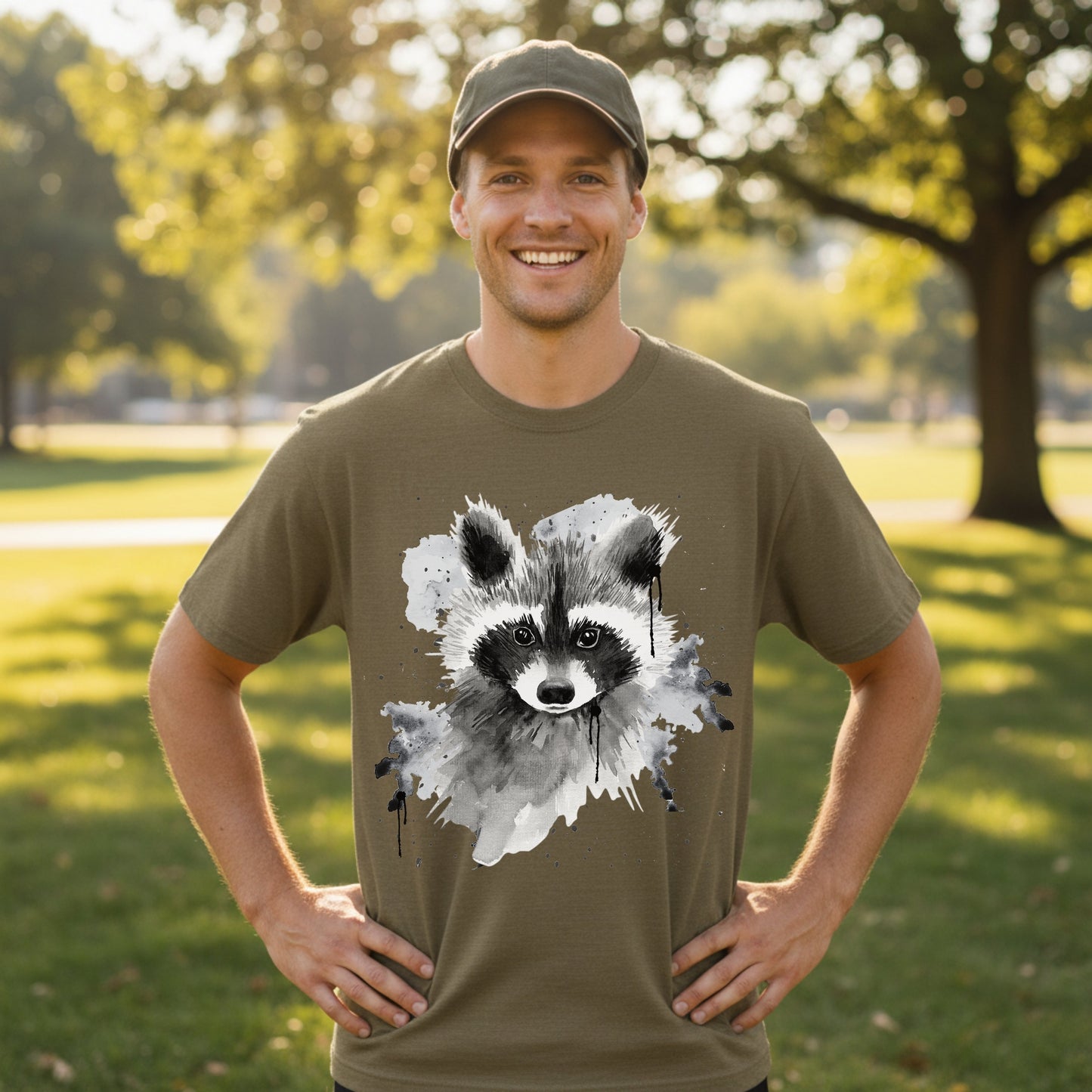Heather olive raccoon wildlife tee - watercolor animal art shirt for nature lovers