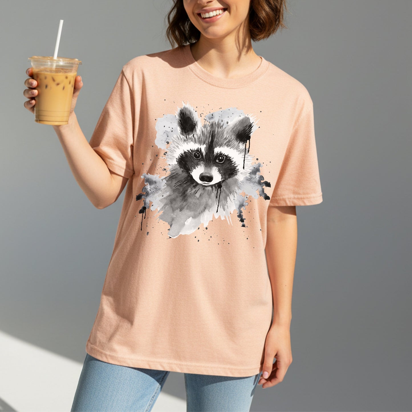Heather peach raccoon lover gift shirt - soft watercolor wildlife tee