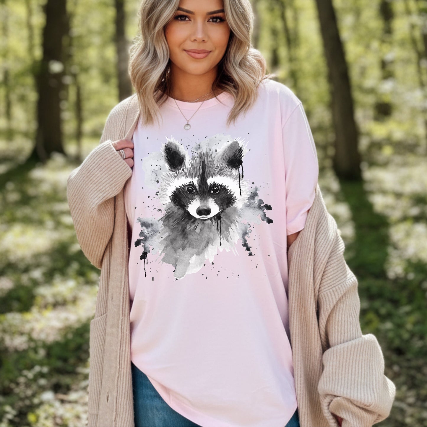 Soft pink raccoon lover gift tee - watercolor wildlife shirt for women