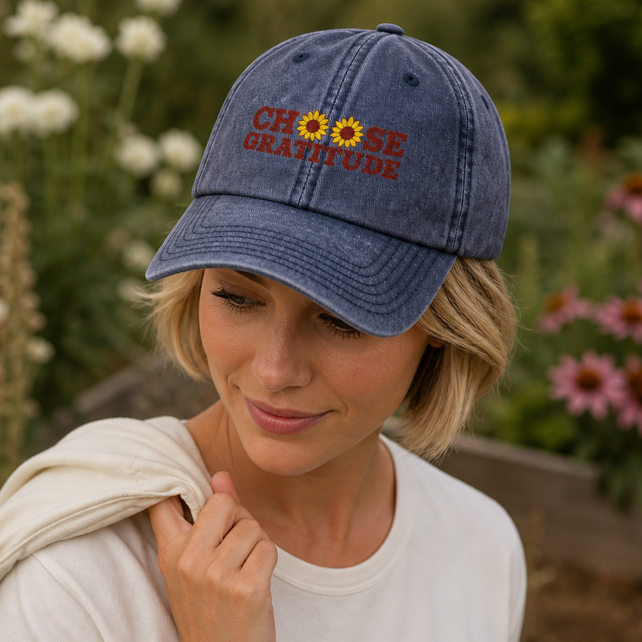 Woman wearing a navy baseball cap with retro embroidered 'Choose Gratitude' and daisy floral design, casual outdoor garden setting, perfect for grateful living enthusiasts and floral lovers, by Crossroads Dandelion