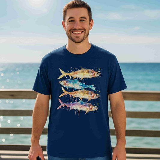 Man wearing a navy blue tee with colorful sardines design on a beach.
Perfect fishing gift — Crossroads Dandelion