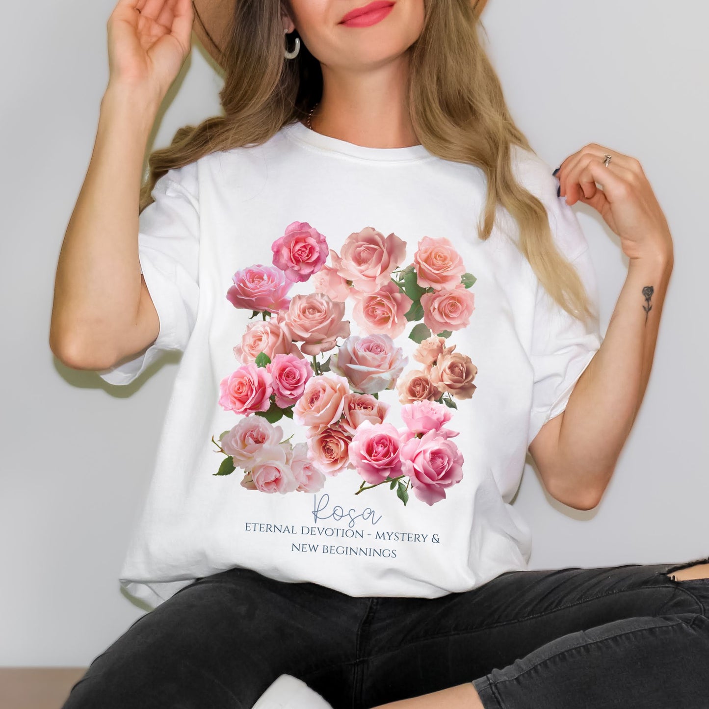 Woman wearing a White retro floral Rosa June birth flower shirt. Whimsical style - Crossroads Dandelion