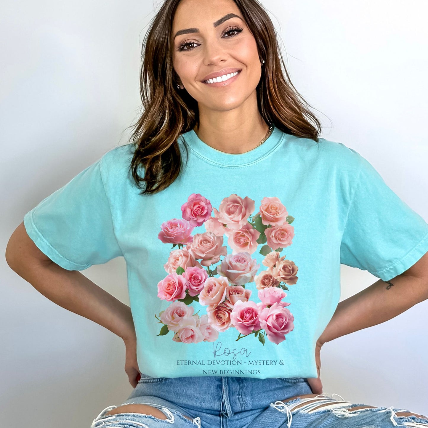 Woman wearing a Chalky Mint Rose June birth flower eternal devotion tee – Crossroads Dandelion