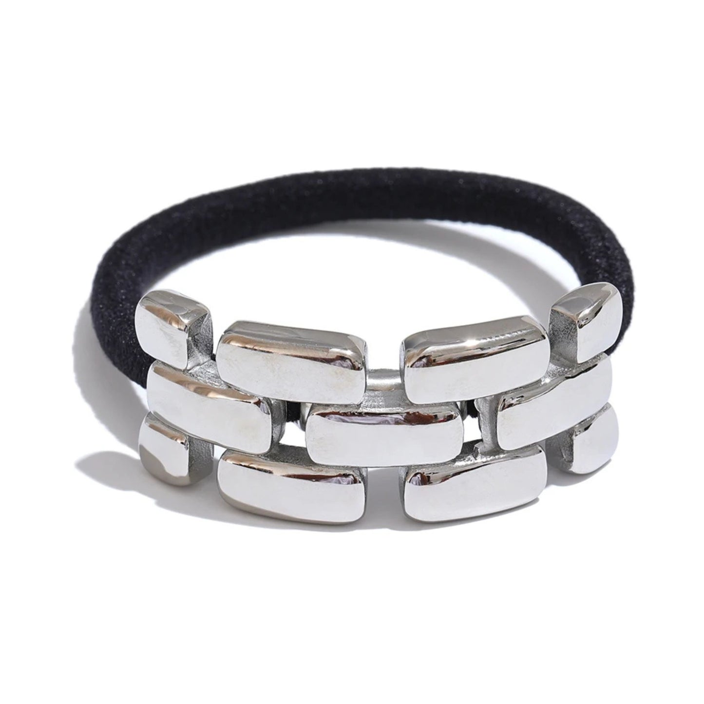 Silver hair band elastic with modern minimal metal design,by Crossroads Dandelion