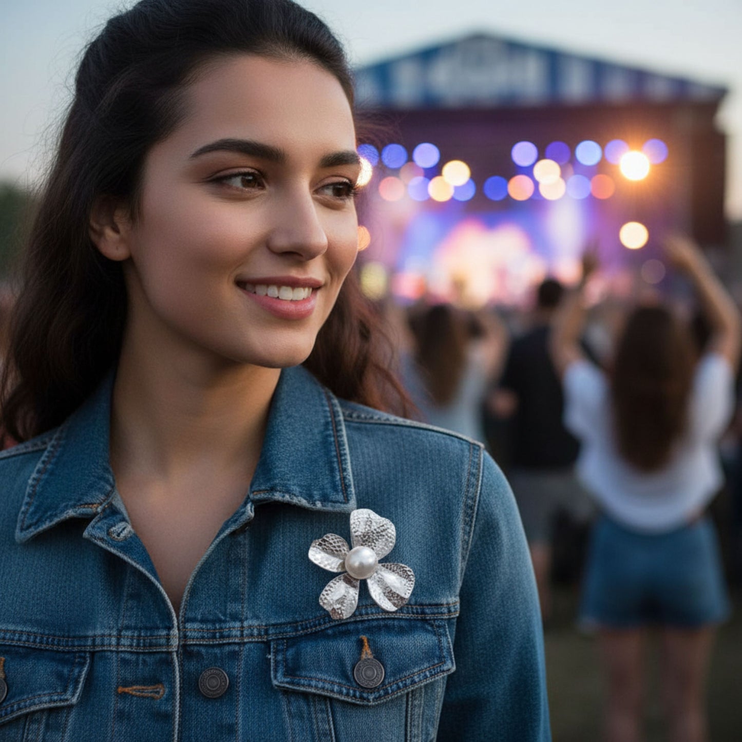 Woman wearing a denim jacket with a floral brooch at a concert.