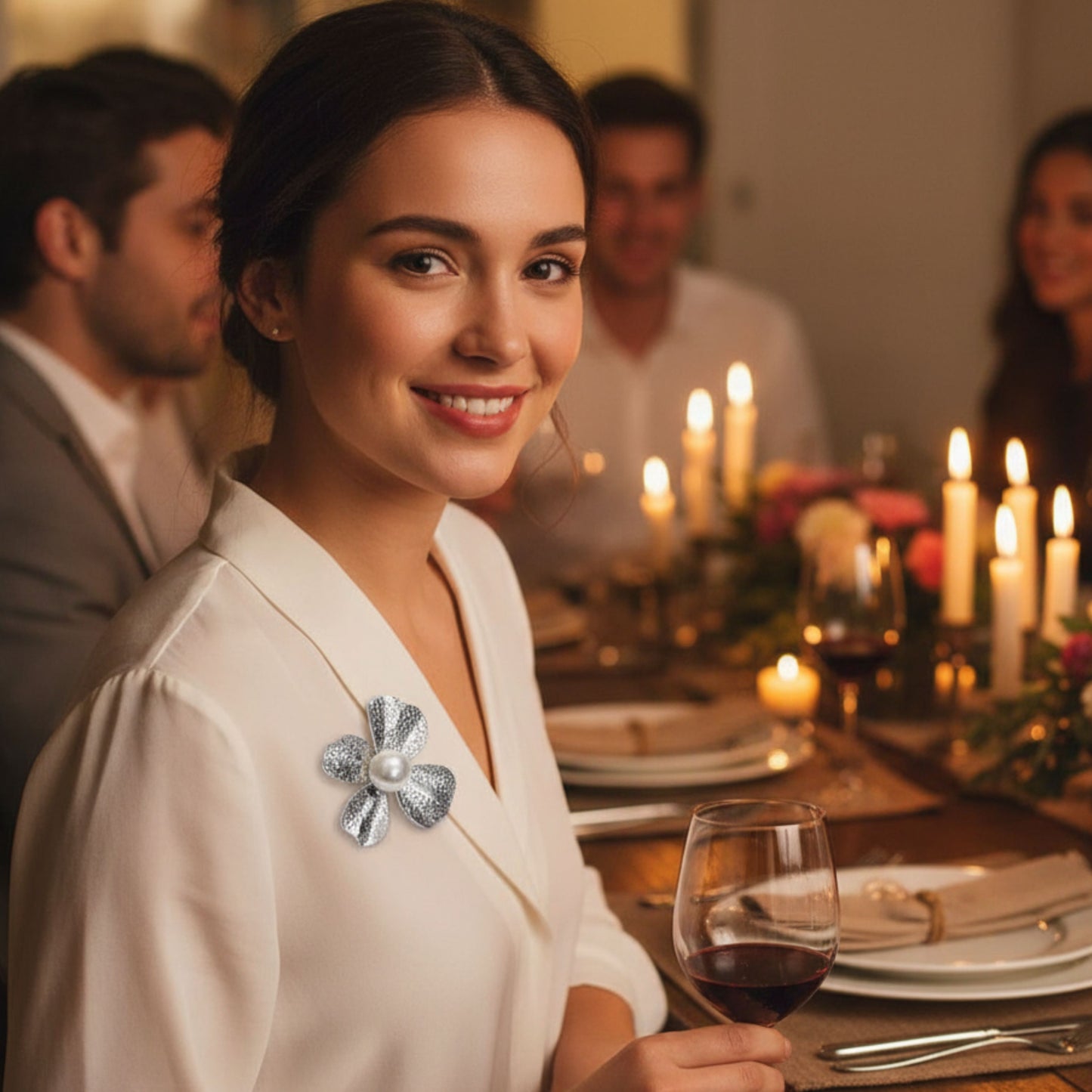 Woman holding a glass of red wine at a dinner table with candles and other guests in the background.