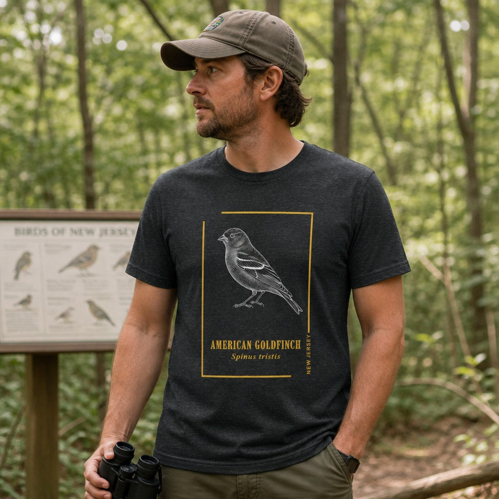 Man wearing a dark grey heather Bella Canvas 3001 t-shirt featuring a vintage etching botanical illustration of an American Goldfinch framed in gold, classic field guide style, in a wooded nature reserve, designed for birdwatchers and naturalists, by Crossroads Dandelion