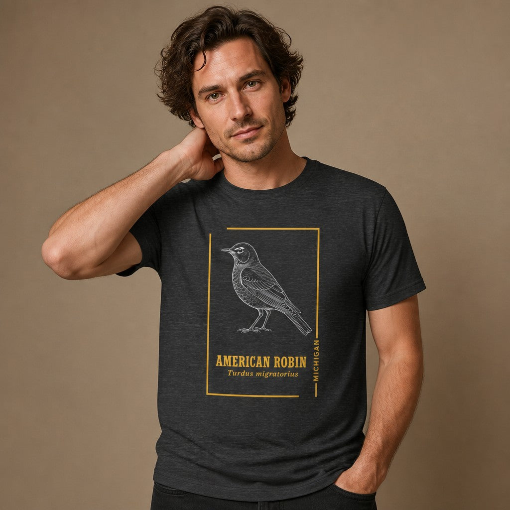 Man wearing a dark grey heather Bella Canvas 3001 t-shirt featuring a vintage American robin illustration in intricate white line art with a minimalist gold border and elegant field-guide typography, styled for birdwatchers, naturalists, and cottagecore enthusiasts, by Crossroads Dandelion