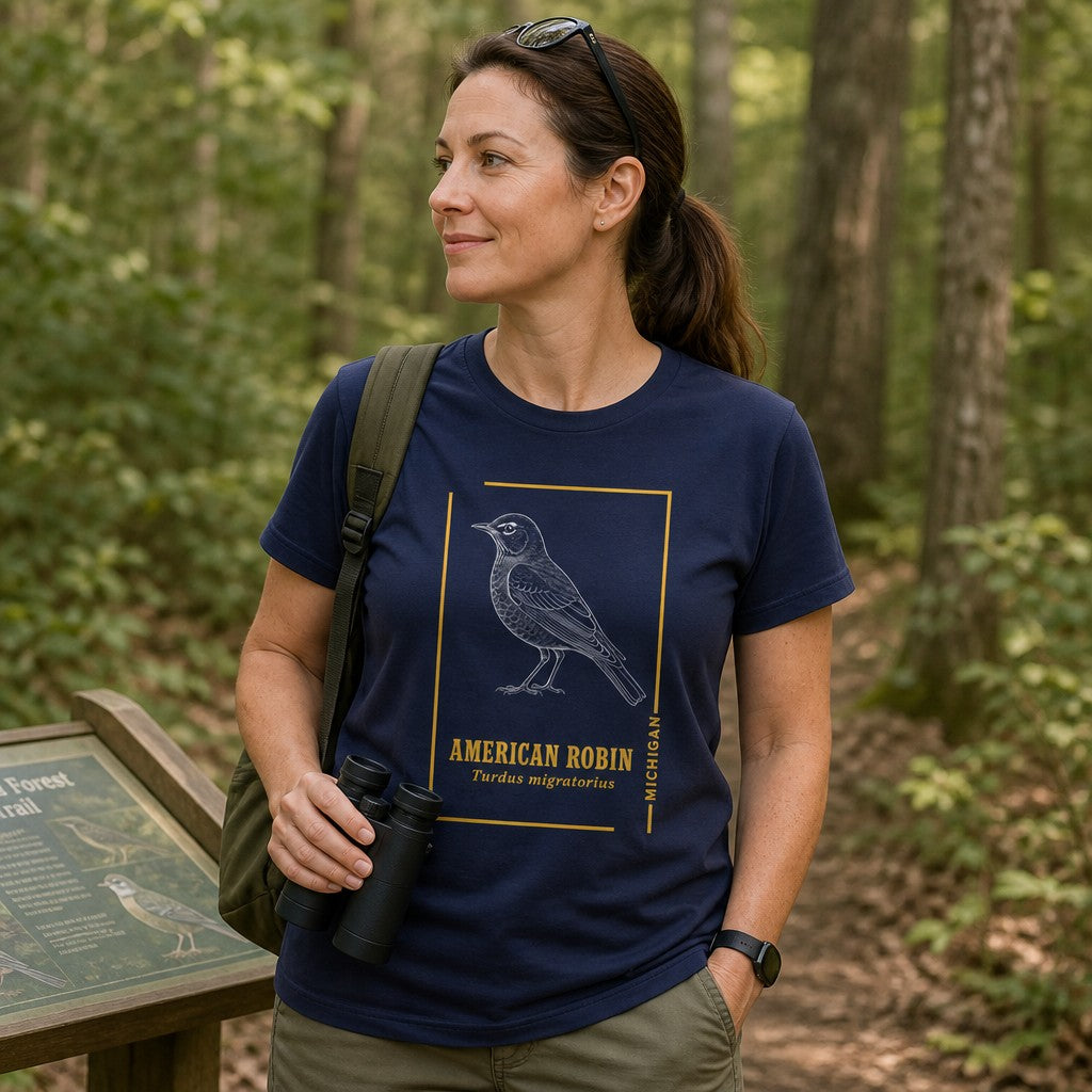 Woman in navy Bella Canvas 3001 t-shirt featuring a vintage line art American robin illustration with gold minimalist border, hiking in a lush forest, ideal for birdwatchers, naturalists, and cottagecore enthusiasts, by Crossroads Dandelion