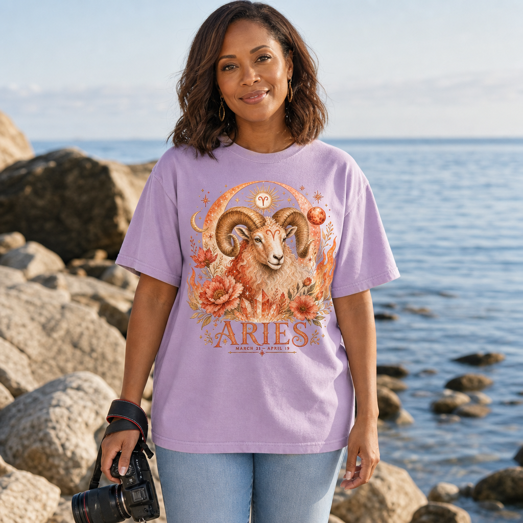 Woman wearing an orchid Comfort Colors 1717 t-shirt featuring a vintage-style Aries ram astrology illustration with celestial floral and mystical zodiac details, coastal beach scene, perfect for astrology enthusiasts, by Crossroads Dandelion