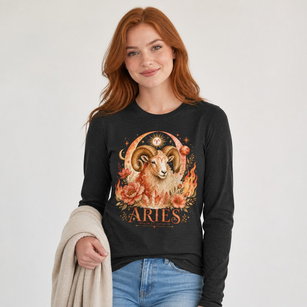 Red-haired woman wearing a dark grey heather long sleeve Bella Canvas 3501 shirt with a watercolor Aries ram and vintage celestial zodiac floral design, poetic astrology lovers apparel, by Crossroads Dandelion