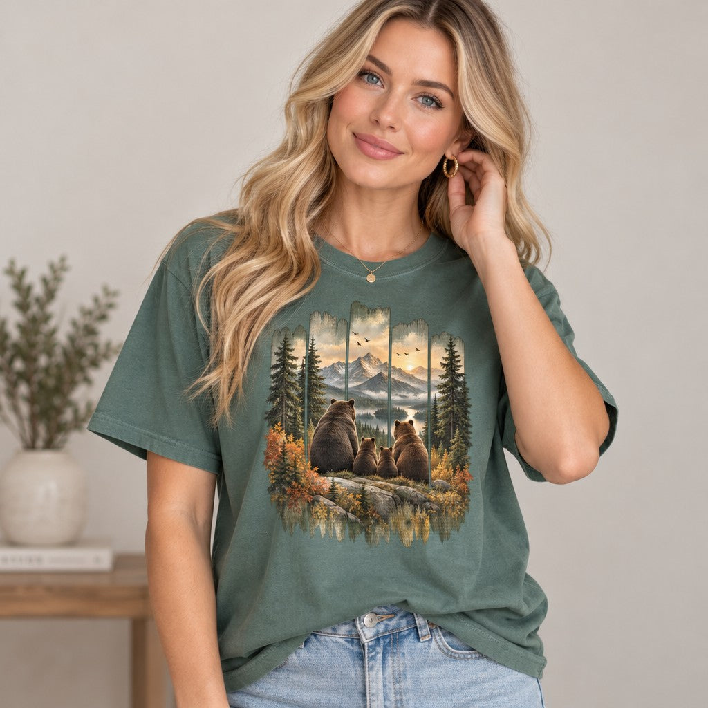 Woman wearing Comfort Colors® 1717 t-shirt in blue spruce featuring a vintage painted bear family design, rustic cabin-art style with snow-capped mountains, evergreen pines, autumn accents, for hikers, campers, and wildlife lovers, by Crossroads Dandelion