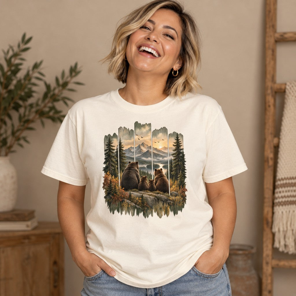 Woman in ivory Comfort Colors® 1717 t-shirt featuring a vintage painted scene of a brown bear family—two adults and a cub—overlooking snow-capped mountains, a winding river, and a golden sunset, framed by distressed wood panels and evergreens, ideal for hikers, campers, and wildlife lovers, by Crossroads Dandelion