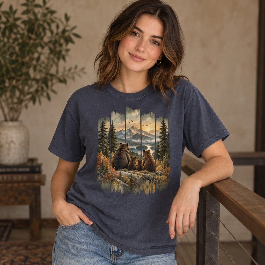 Woman in navy Comfort Colors® t-shirt featuring a vintage-style painted scene of a brown bear family gazing over snowy mountains, winding river, sunset sky, and evergreen pines, framed by rustic wood panels, cozy cabin-art for hikers, campers, and wildlife enthusiasts, by Crossroads Dandelion