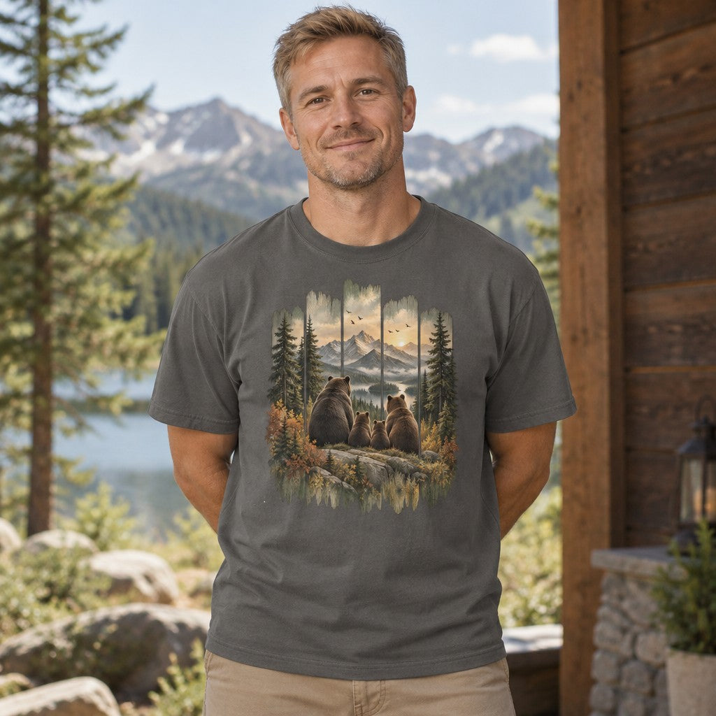 Man wearing a pepper Comfort Colors® 1717 t-shirt featuring a vintage-style painted scene of a brown bear family gazing over snow-capped mountains, sunset sky, and pines, rustic woodland design, perfect for hiking, camping, and wildlife lovers, by Crossroads Dandelion