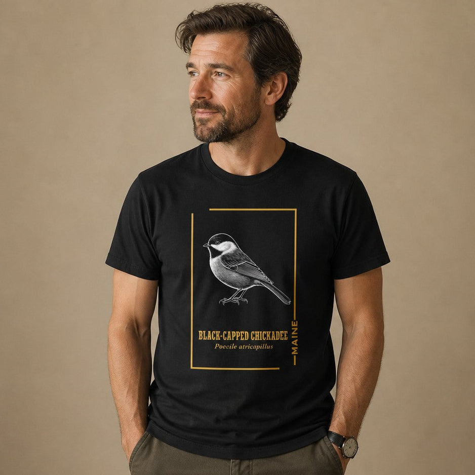 Man wearing a black Bella Canvas 3001 t-shirt with a vintage-style black-capped chickadee illustration, framed in gold with naturalist field guide aesthetics, ideal for birdwatchers, Maine natives, and artisanal wildlife art fans, by Crossroads Dandelion