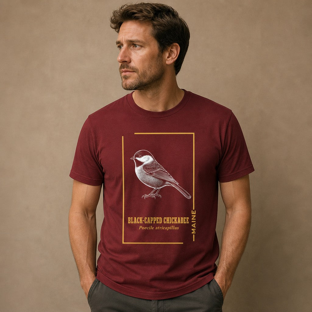 Man wearing a cardinal red Bella Canvas 3001 t-shirt featuring a vintage-style black-capped chickadee illustration framed with gold and black accents, perfect for birdwatchers, Maine locals, and wildlife art enthusiasts, by Crossroads Dandelion