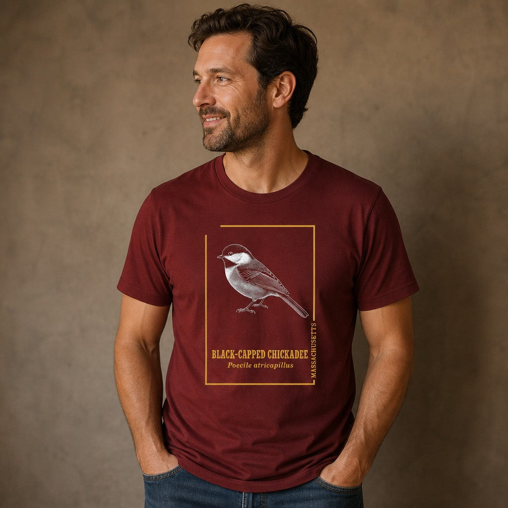 Man wearing cardinal red Bella Canvas 3001 shirt featuring a vintage engraving illustration of a black-capped chickadee framed in gold line art with bold and scientific type, perfect for cottagecore and vintage field guide enthusiasts, mens nature and bird lover t-shirt, by Crossroads Dandelion
