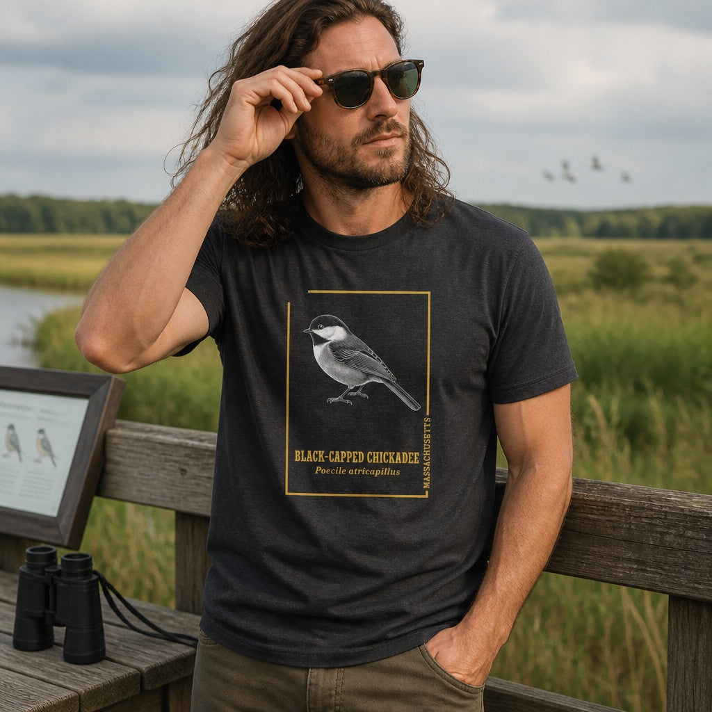 Man in dark grey heather Bella Canvas 3001 t-shirt featuring a vintage-style black-capped chickadee illustration with golden frame and scientific text, standing on an observation deck in a nature reserve, perfect for birdwatchers and nature lovers, by Crossroads Dandelion