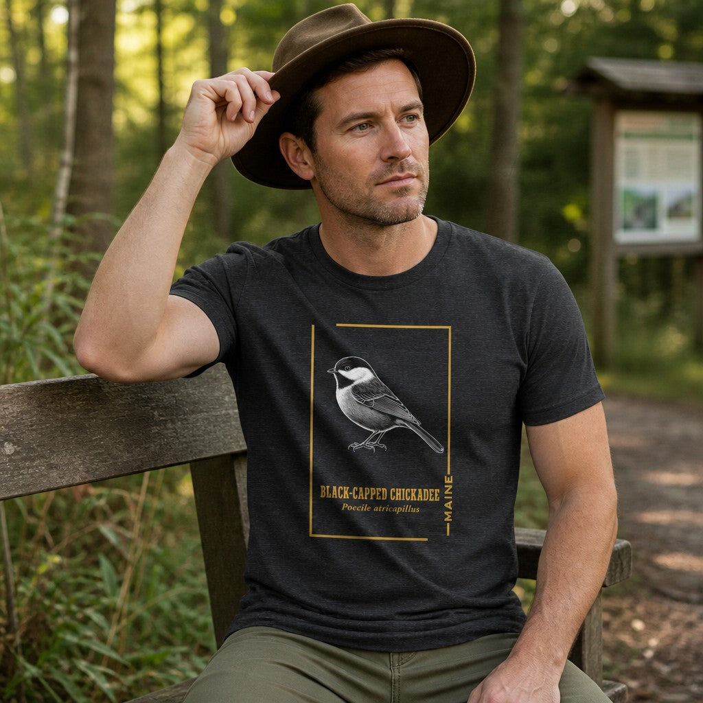 Man in dark grey heather Bella Canvas 3001 t-shirt featuring an intricate vintage black-capped chickadee illustration with golden frame and serif accents, seated on a wooden bench in a forest park, ideal for birdwatchers and wildlife art lovers, by Crossroads Dandelion