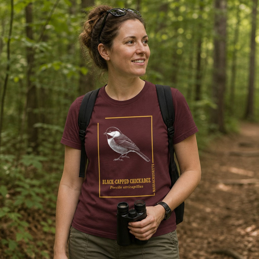 Woman wearing maroon Bella Canvas 3001 t-shirt with vintage black-capped chickadee illustration in naturalist engraving style, golden frame, scientific text, on a forest walk, perfect for cottagecore wildlife and birdwatching enthusiasts, by Crossroads Dandelion