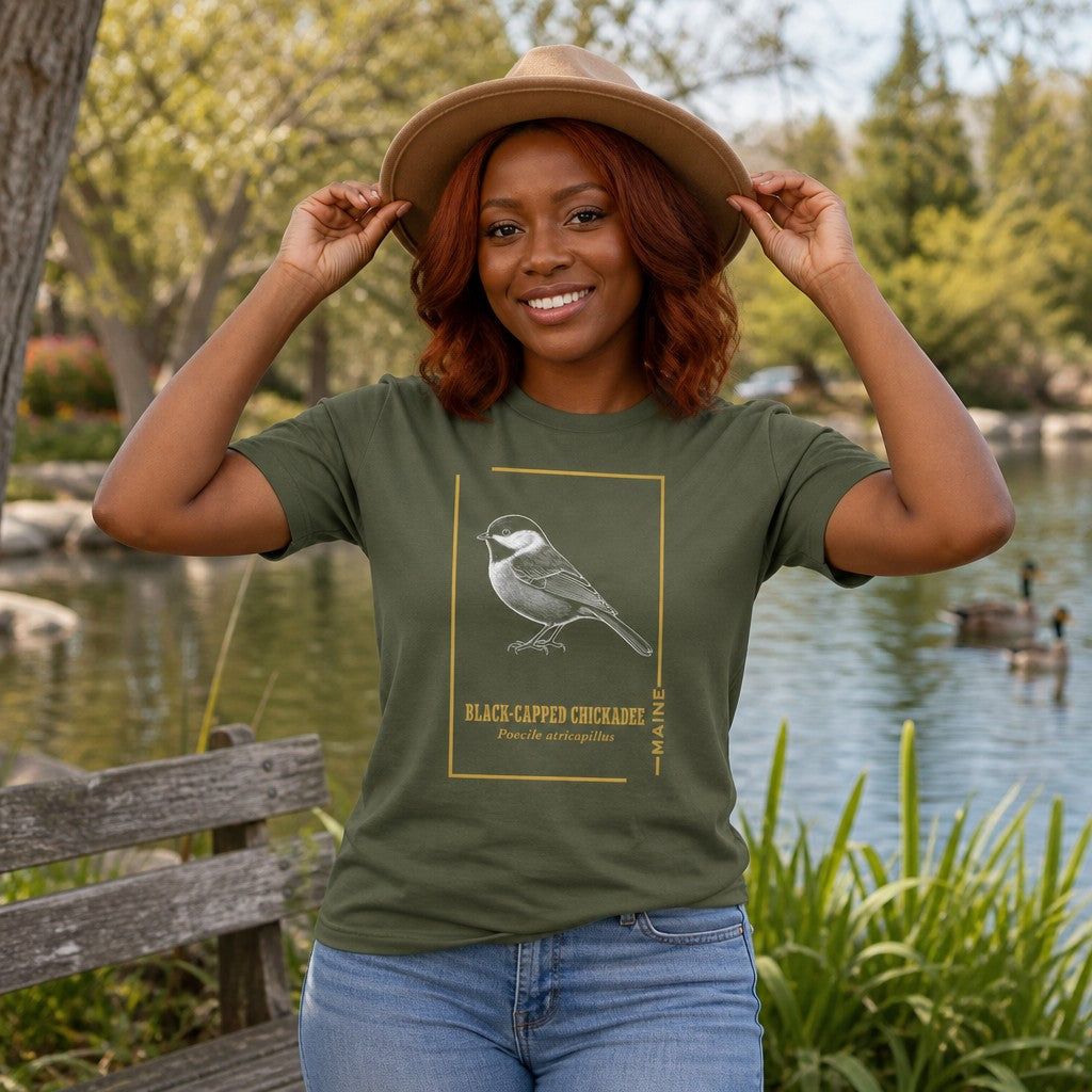 Woman wearing military green Bella Canvas 3001 t-shirt featuring a vintage-style black-capped chickadee illustration with golden serif accents and field guide charm, stylish park setting, perfect for birdwatchers, nature lovers, and artisanal art enthusiasts, by Crossroads Dandelion