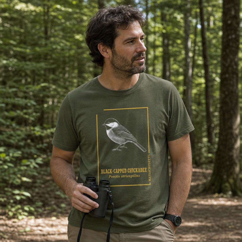 Man wearing a military green Bella Canvas 3001 t-shirt featuring a finely detailed black-capped chickadee in vintage naturalist engraving style, golden frame and scientific text, hiking in a wooded forest, designed for birdwatchers and cottagecore wildlife art lovers, by Crossroads Dandelion