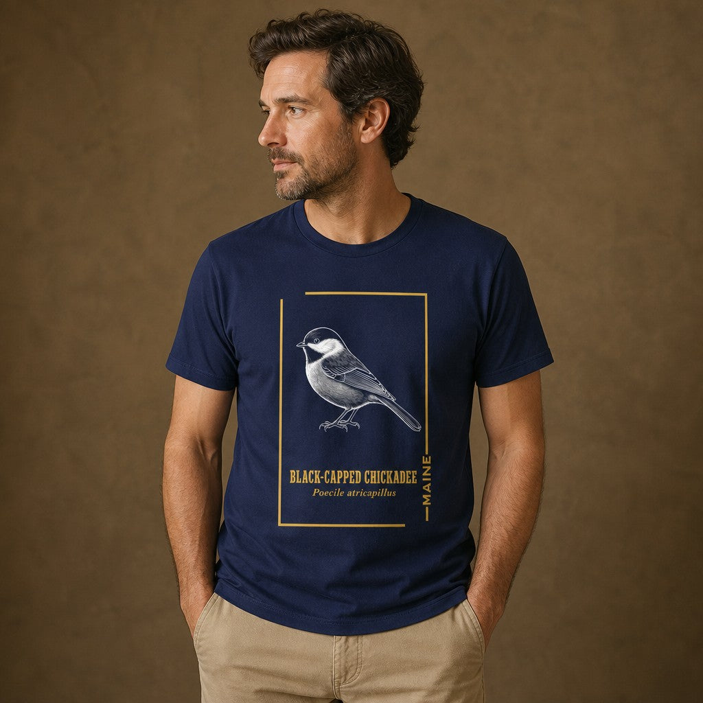 Man wearing a navy Bella Canvas 3001 t-shirt featuring a vintage-style black-capped chickadee illustration with golden serif accents and a modern frame, ideal for birdwatchers, Maine locals, and wildlife art enthusiasts, by Crossroads Dandelion