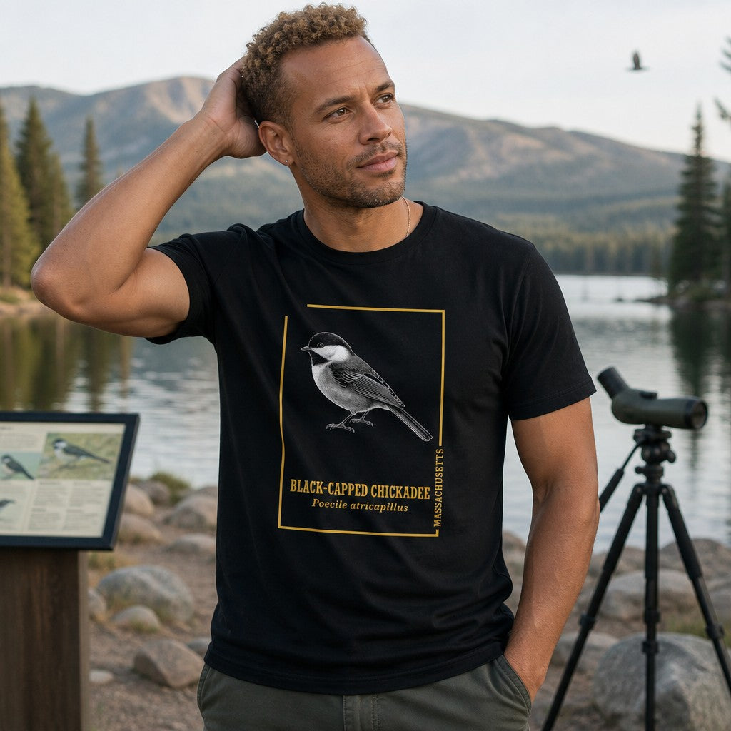 Man in black Bella Canvas 3001 t-shirt featuring a vintage naturalist engraving of a black-capped chickadee framed by a golden line and bold scientific text, outdoors by a lake with mountains, ideal for cottagecore and wildlife art lovers, by Crossroads Dandelion