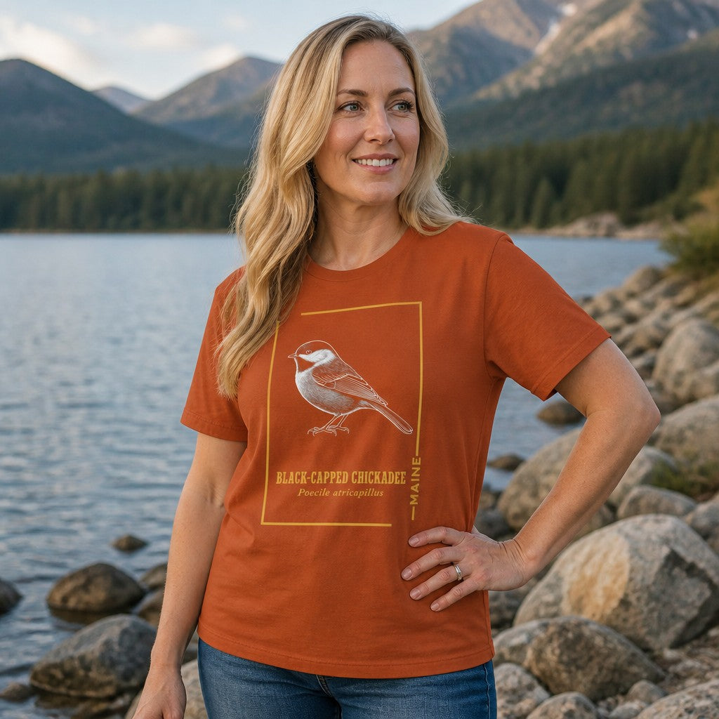 Woman wearing an autumn color t-shirt featuring a vintage-style black-capped chickadee bird illustration with scientific name, standing by a rocky mountain lake, perfect for bird lovers and outdoor enthusiasts, by Crossroads Dandelion