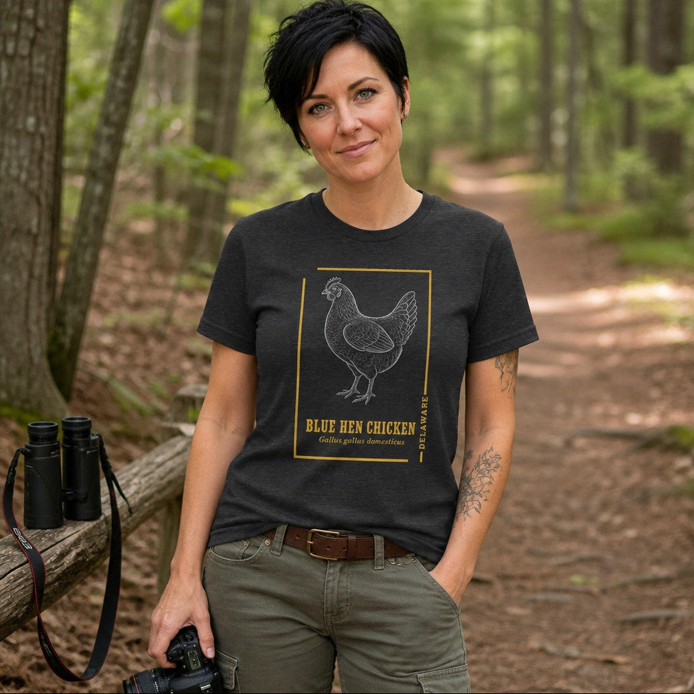 Woman wearing a dark grey heather Bella Canvas 3001 t-shirt featuring a vintage-style line art illustration of the Blue Hen Chicken in a gold border with botanical accents, standing on a wooded trail, ideal for birdwatchers and wildlife enthusiasts, cottagecore heritage design, by Crossroads Dandelion