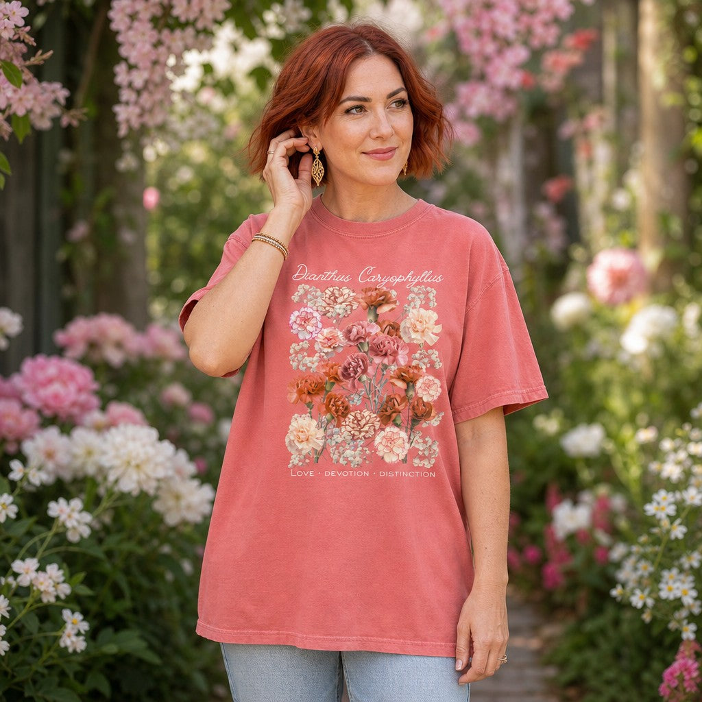 Woman in watermelon Comfort Colors 1717 t-shirt with vintage botanical illustration of dianthus carnations in peach, blush, coral, and cream tones, featuring cottagecore floral bouquet and elegant script details, set in a lush garden scene, perfect for flower lovers and gentle souls, by Crossroads Dandelion