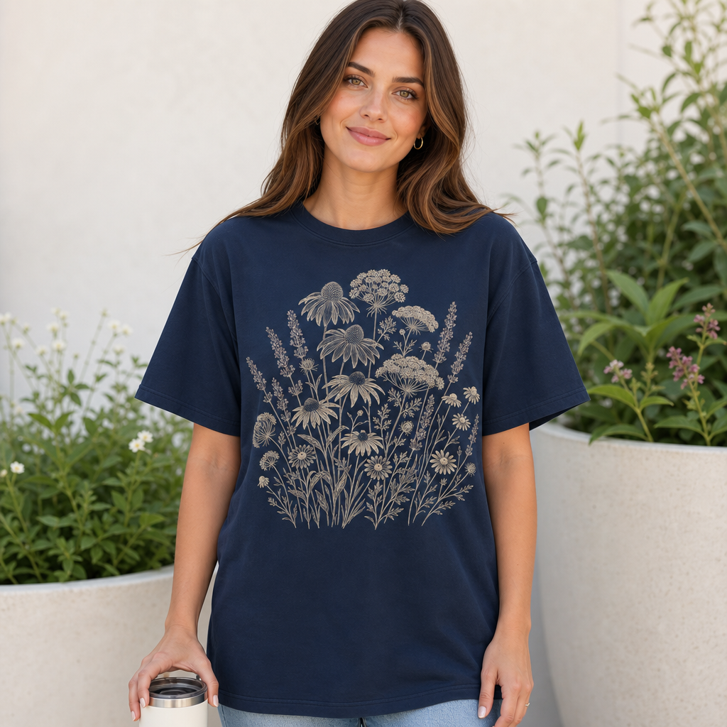 Woman in navy Comfort Colors 1717 t-shirt featuring a vintage botanical illustration of intricately detailed wildflowers and herbs in creamy beige and soft lavender, naturalistic nature-inspired fashion, eco-conscious audience, by Crossroads Dandelion