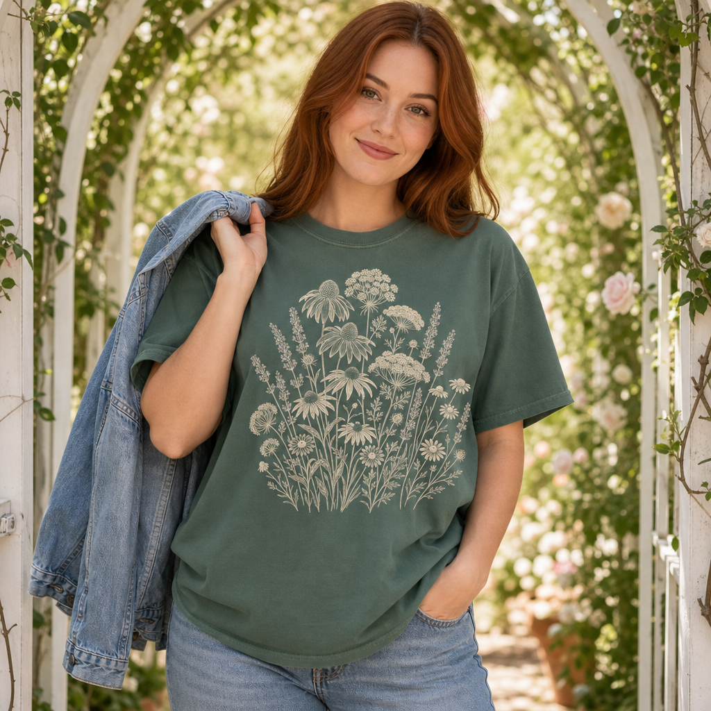 Woman wearing Comfort Colors 1717 t-shirt in blue spruce featuring vintage botanical illustration of coneflowers, lavender, Queen Anne's lace and other wildflowers in beige and soft lavender, garden setting, eco-friendly minimalist floral tee for women, by Crossroads Dandelion