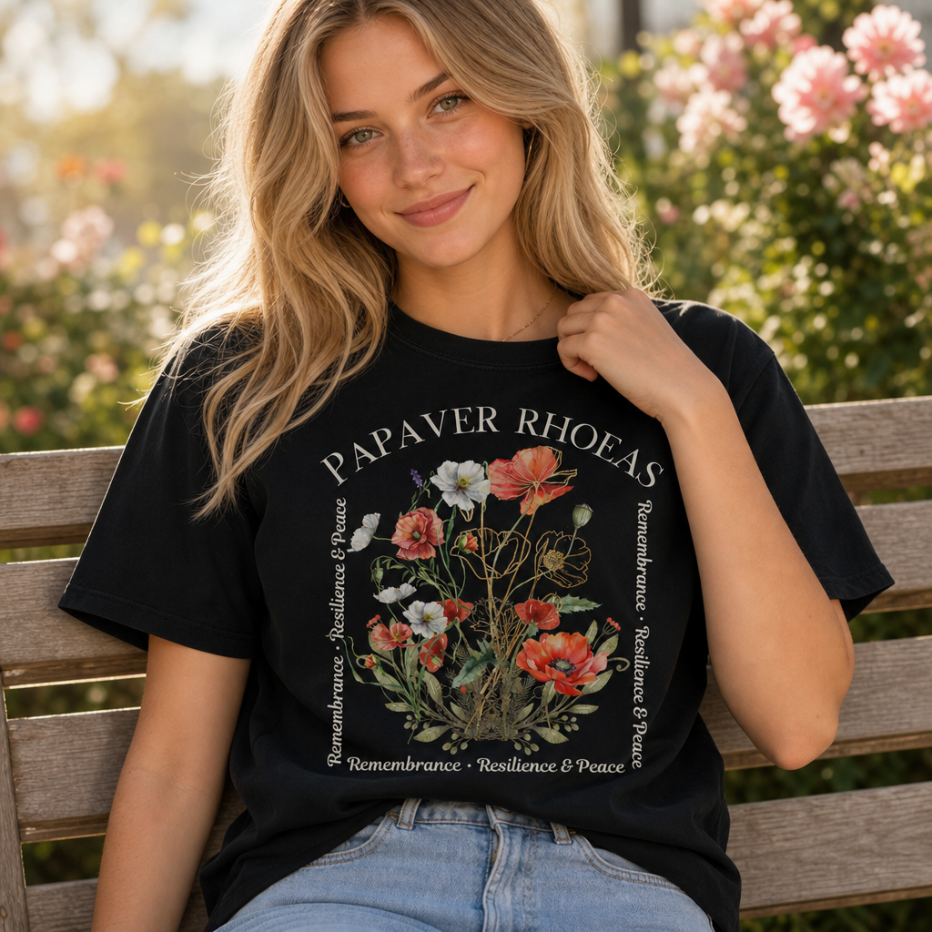 Woman wearing a black Comfort Colors 1717 t-shirt featuring a vintage-style botanical poppy illustration with gold accents and elegant serif text reading 'PAPAVER RHOEAS' and 'Remembrance · Resilience & Peace,' sitting outdoors on a bench, memorial and nature-inspired apparel for women, by Crossroads Dandelion
