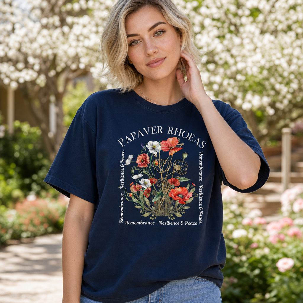 Woman wearing a navy Comfort Colors 1717 t-shirt with a vintage-style botanical poppy illustration, memorial and nature-inspired floral design, elegant serif text, tranquil garden scene, ideal for women who love botanical art, by Crossroads Dandelion